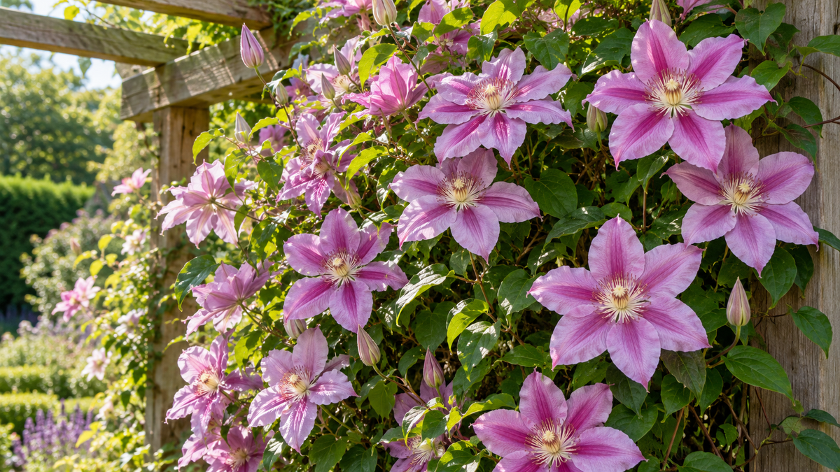 Clematis Piilu met roze bloemen langs pergola
