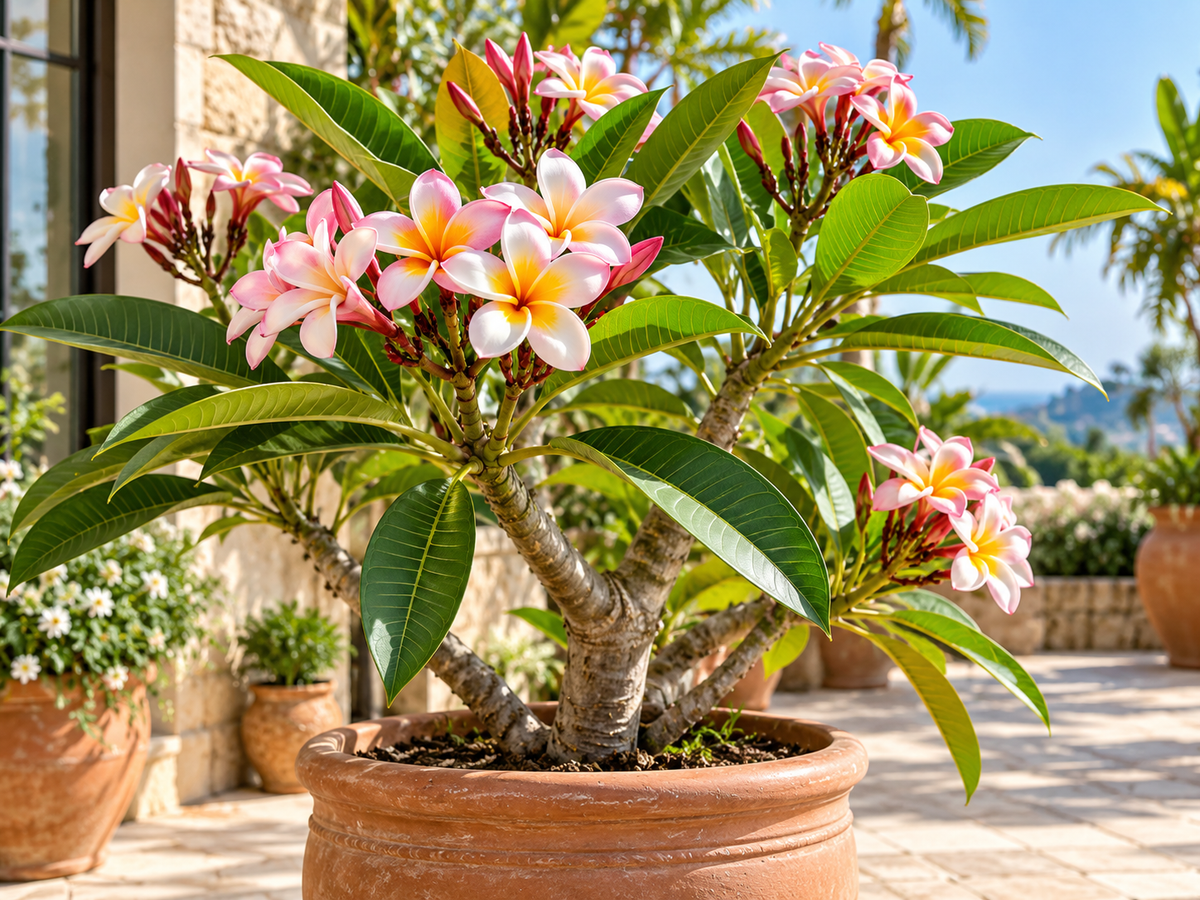 Plumeria rubra Divine met roze witte bloemen, AI-illustratie