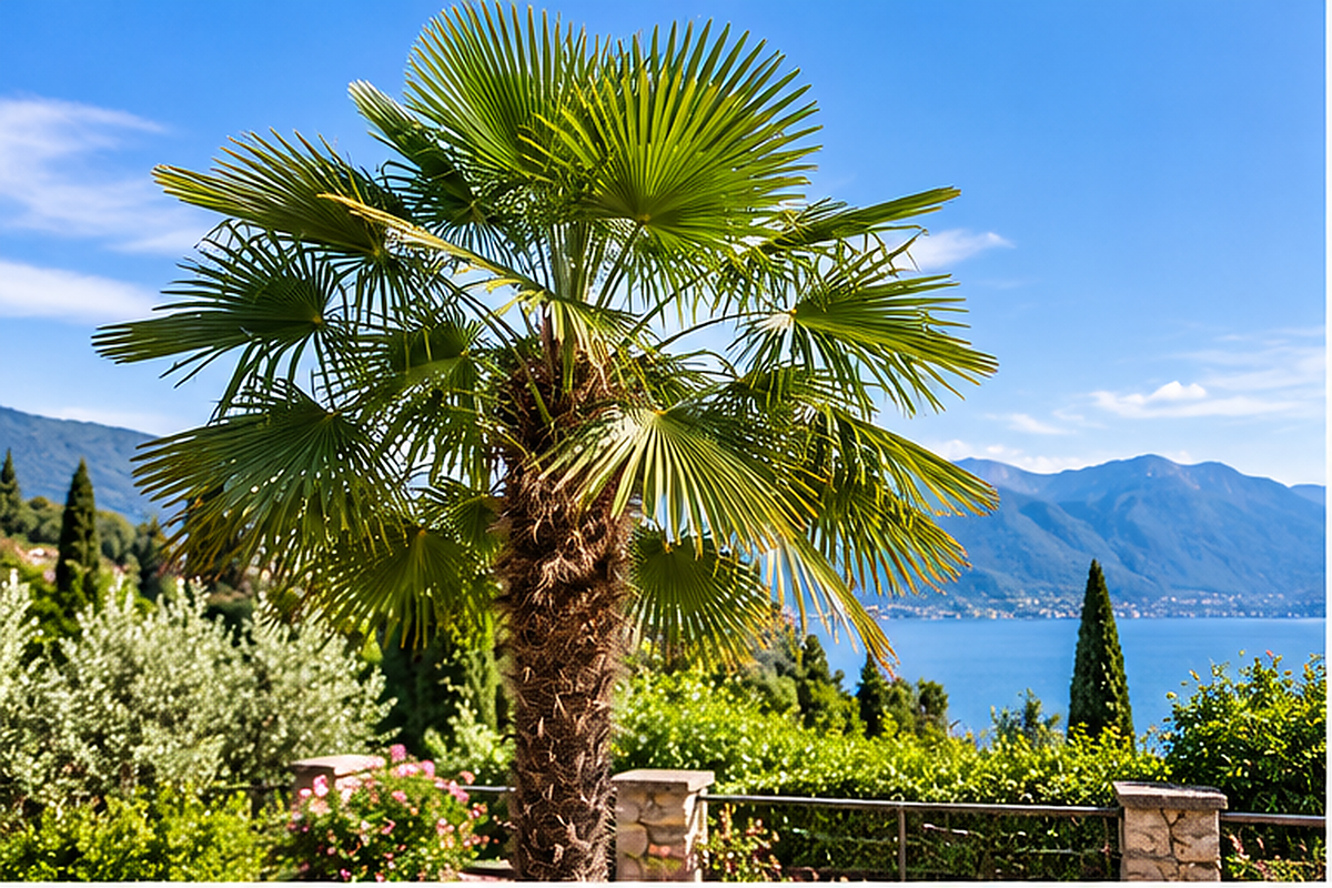 Trachycarpus fortunei Nainital volwassen palm in mediterrane tuin