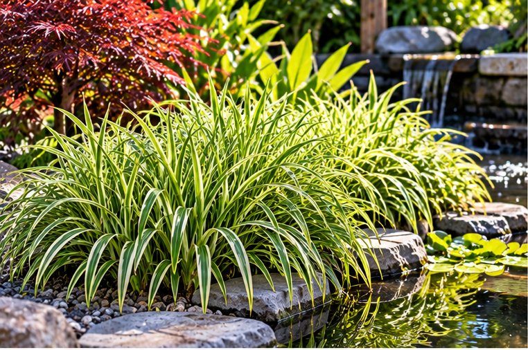 Acorus gramineus Argenteostriatus als vijverrandbeplanting
