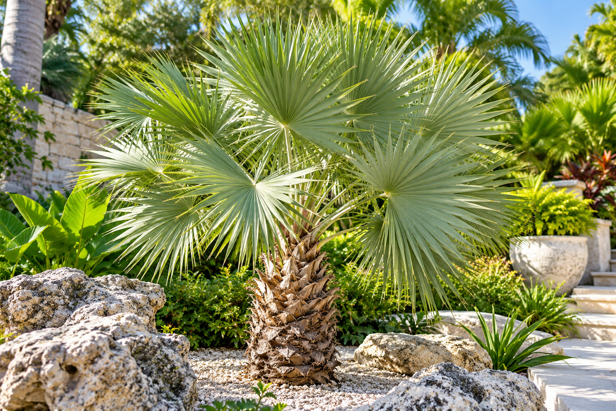 Coccothrinax alta waaierpalm in een zonnige tropische tuin