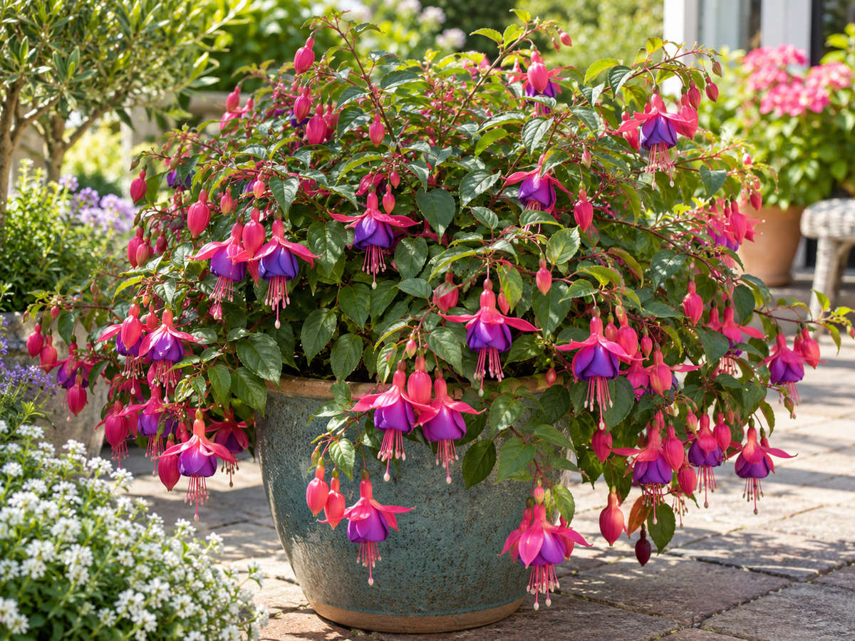 Bloeiende Fuchsia bellenplant in een sierpot op terras