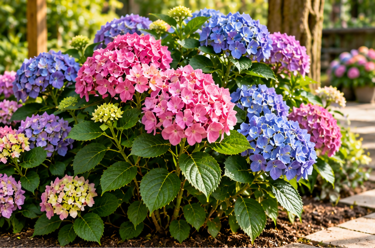 Hortensia met roze en blauwe bloemen, AI-illustratie