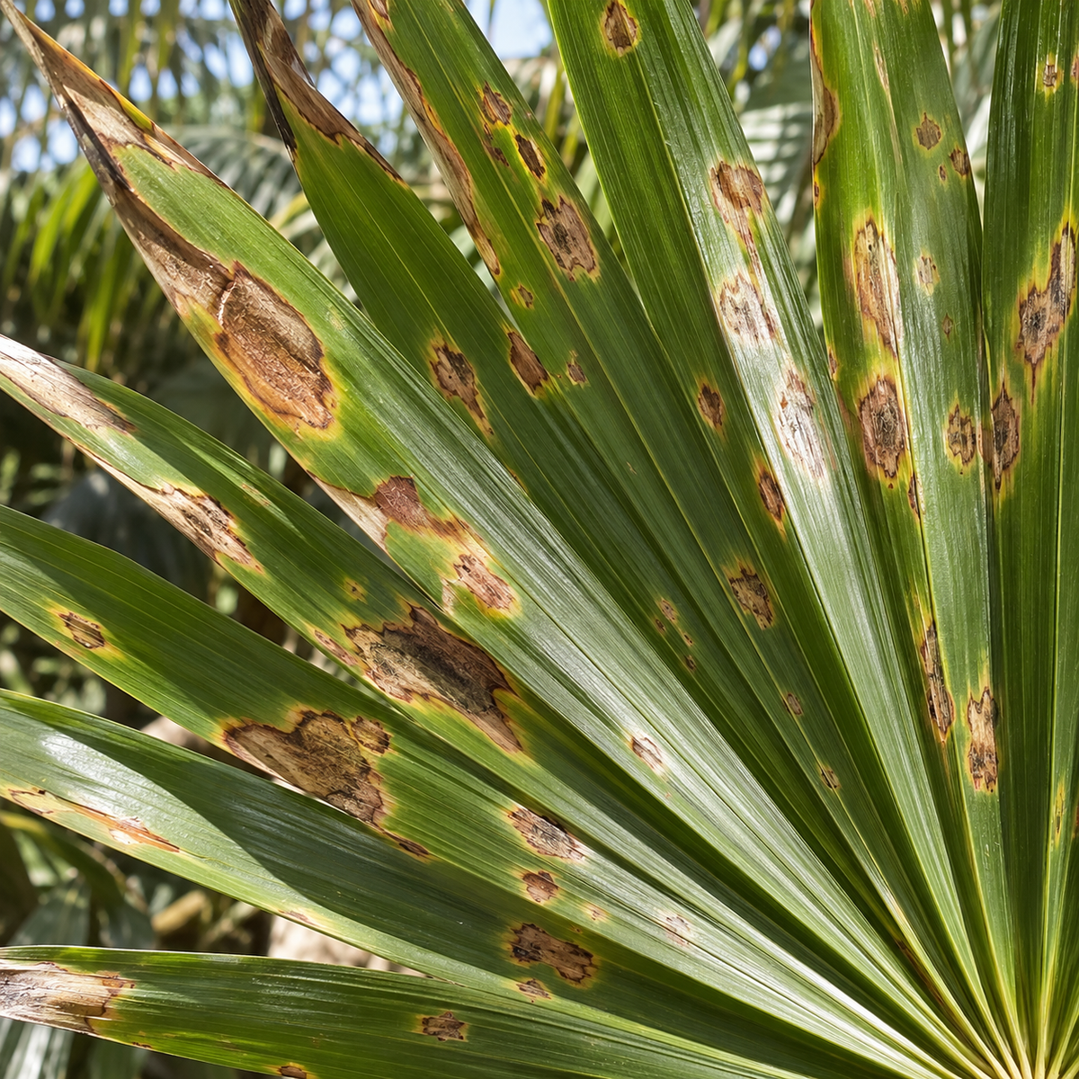 Bruine vlekken en bladschade bij een palm