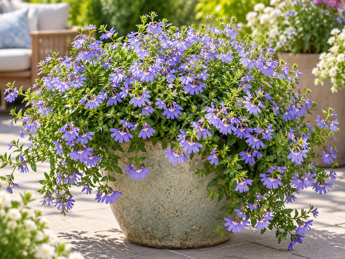 Scaevola waaierbloem paarse bloemen in pot, AI-afbeelding